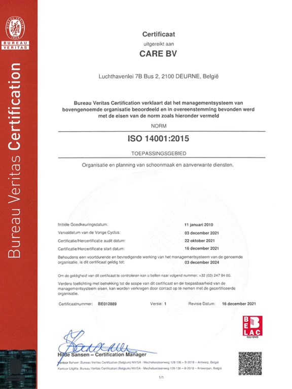 Certificate CARE ISO 14001
